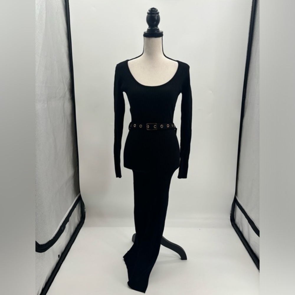 UEC Hera Collection black ribbed dress long sleeve gold detail small